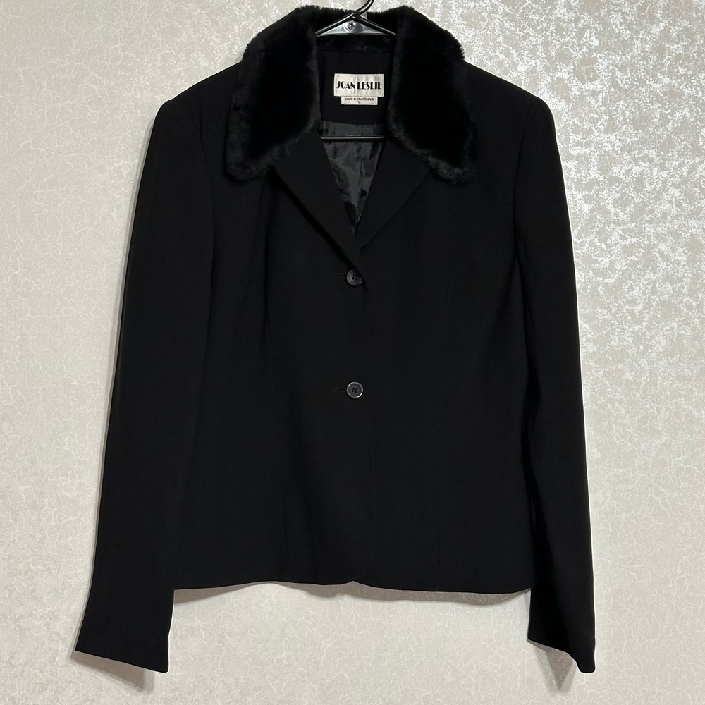 Joan Leslie Vintage Fitted Black Blazer‎ Jacket Faux Fur Collar Business Sz 8